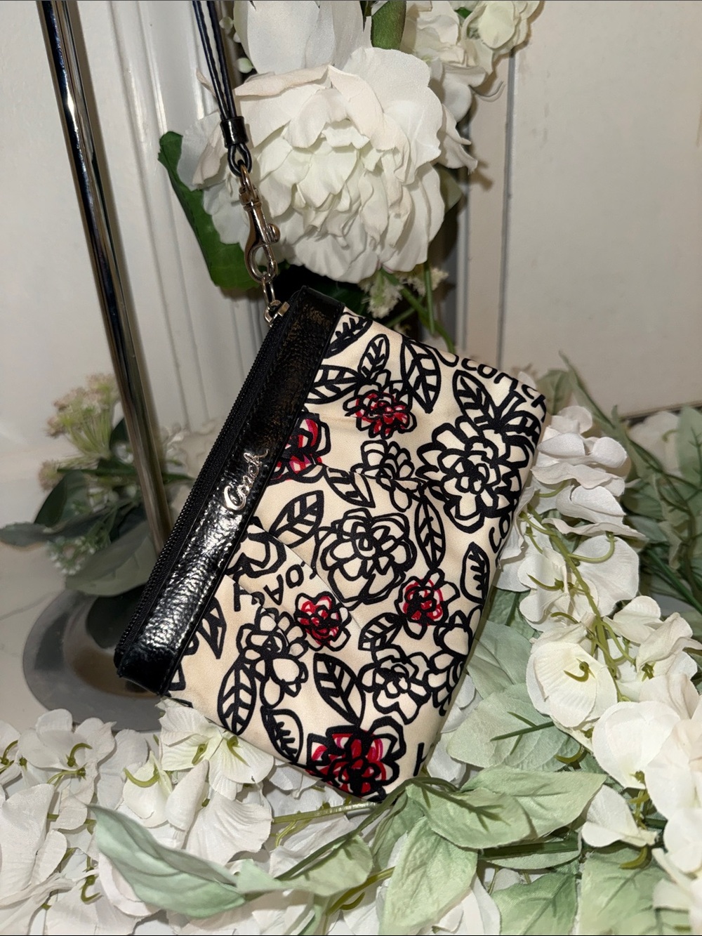 Coach Floral Wristlet in Cream, Black and Red